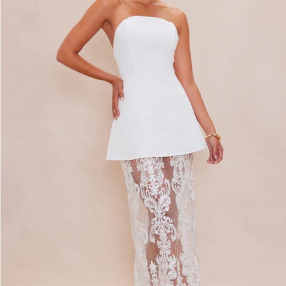 Elegant White Strapless Lace Overlay Dress